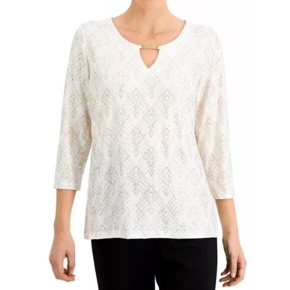 JM Collection Blouse Top Medium White Women's Glitter‎ Sparkle NEW - Picture 6 of 6